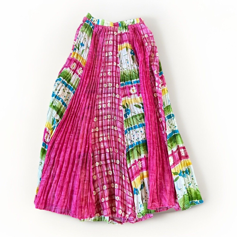Vintage 90s Y2K Howard Wolf 8 Long Maxi Micro Pleat Semi Sheer Floral Skirt Pink